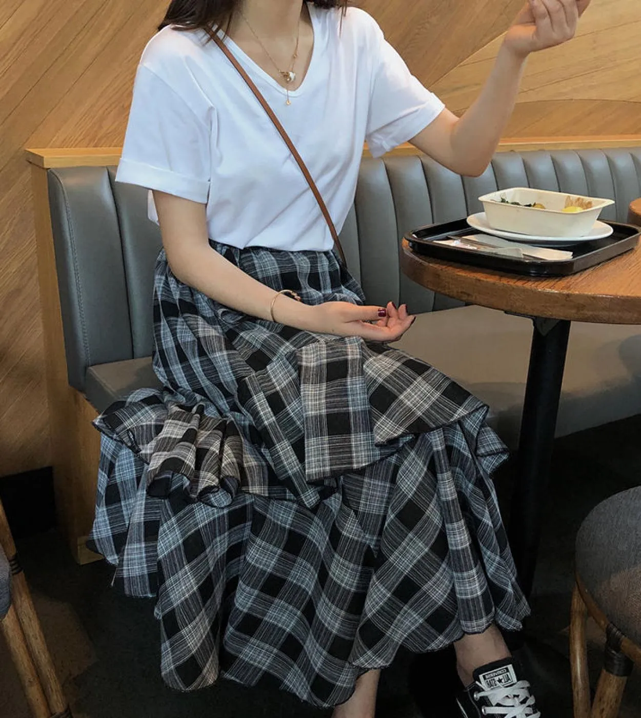 2023 Summer Vintage Plaid Gonna Donna Elegante Chic Asimmetrico Patchwork Ruffles Gonna lunga Vita alta Una linea Gonne