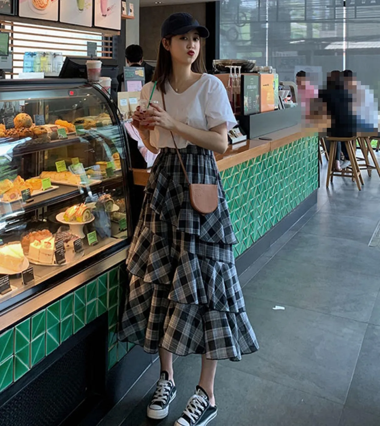 2023 Summer Vintage Plaid Gonna Donna Elegante Chic Asimmetrico Patchwork Ruffles Gonna lunga Vita alta Una linea Gonne