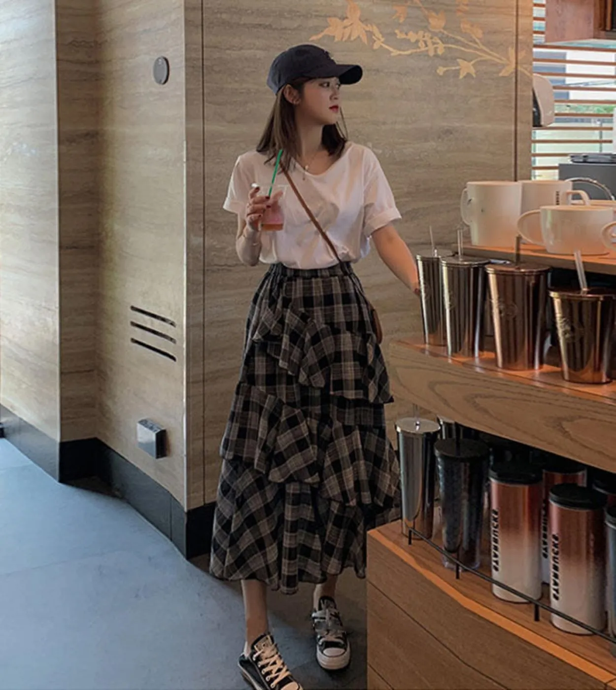 2023 Summer Vintage Plaid Gonna Donna Elegante Chic Asimmetrico Patchwork Ruffles Gonna lunga Vita alta Una linea Gonne