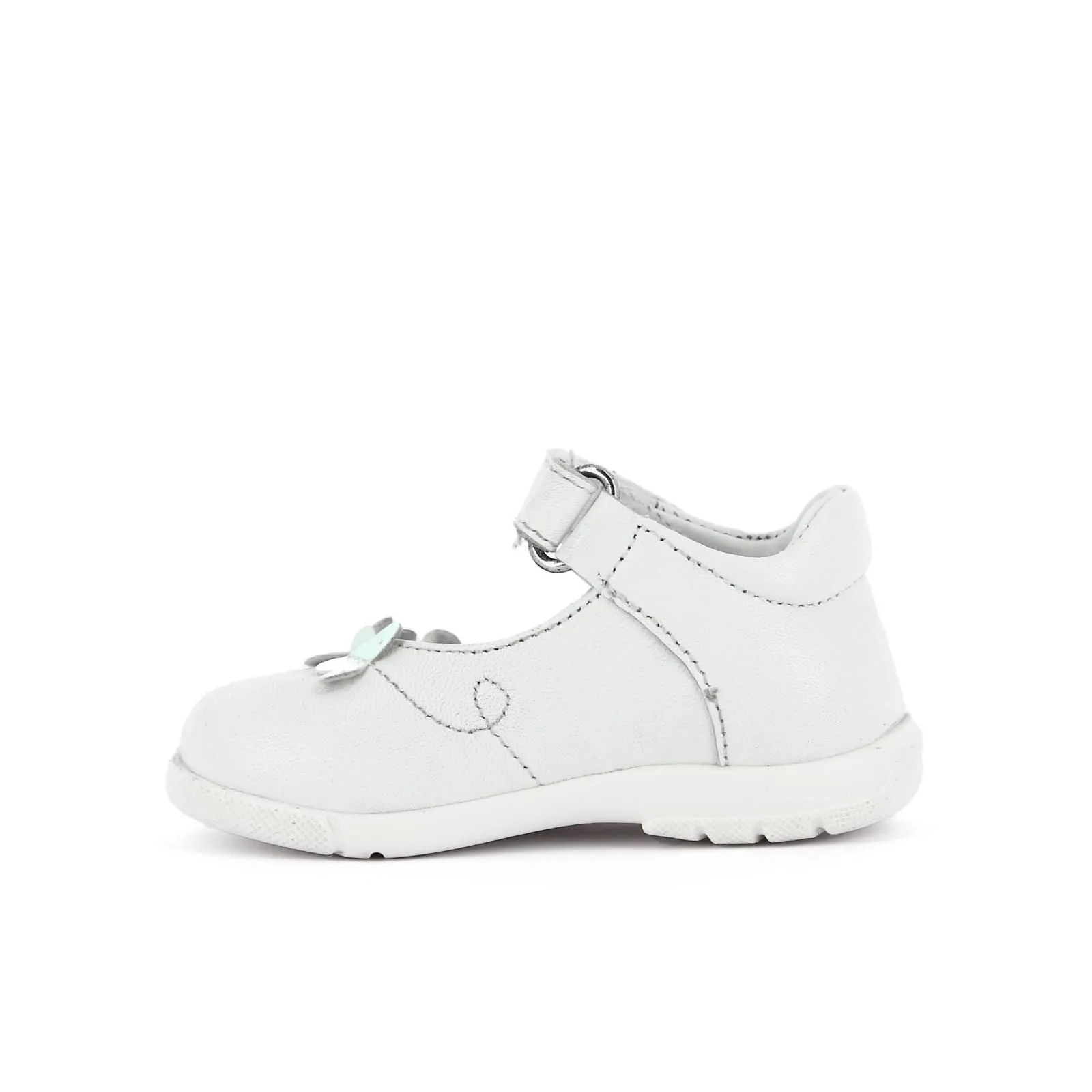 Ballerine bianche in pelle modello mary jane con velcro e farfalle da bimba
