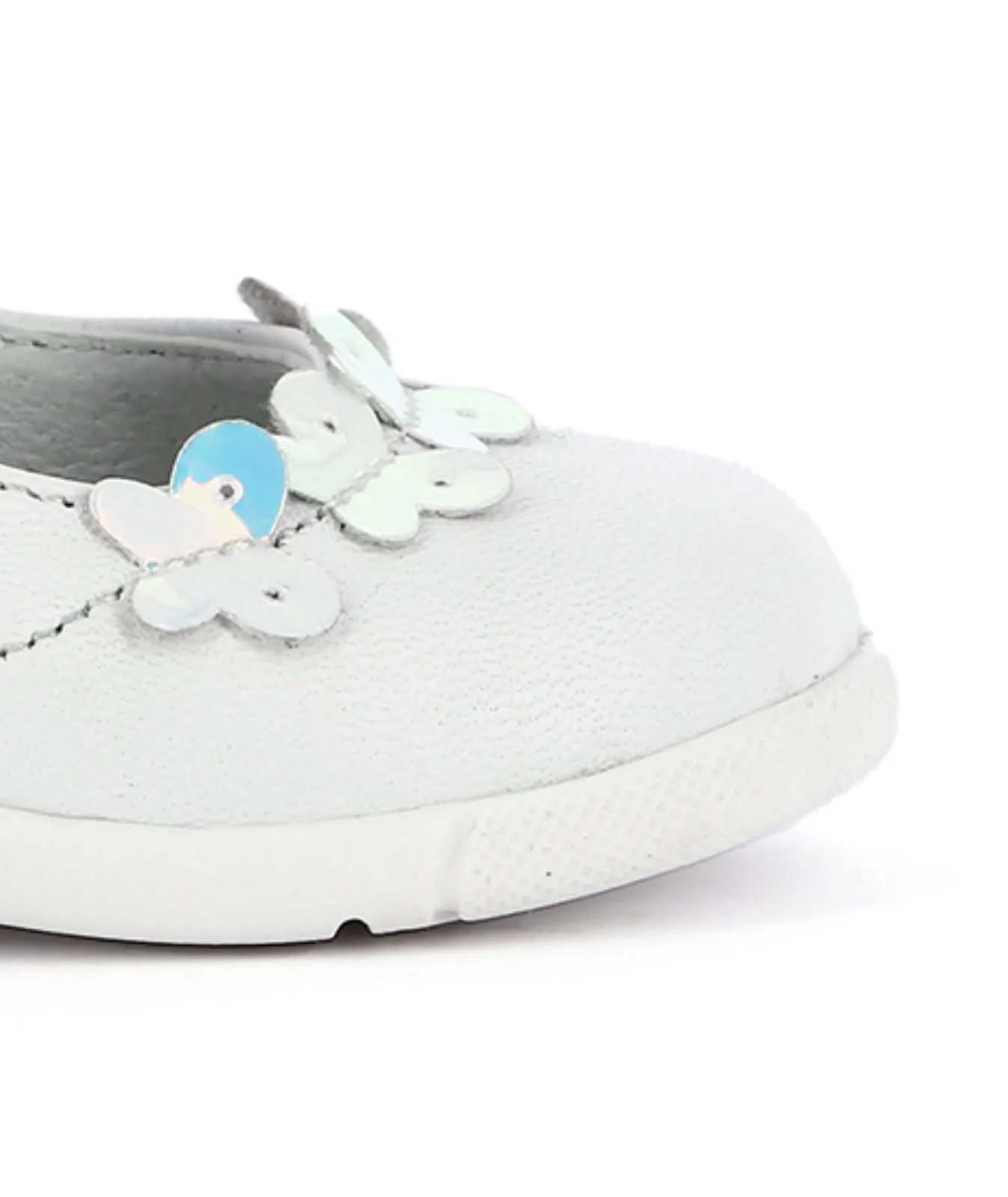 Ballerine bianche in pelle modello mary jane con velcro e farfalle da bimba