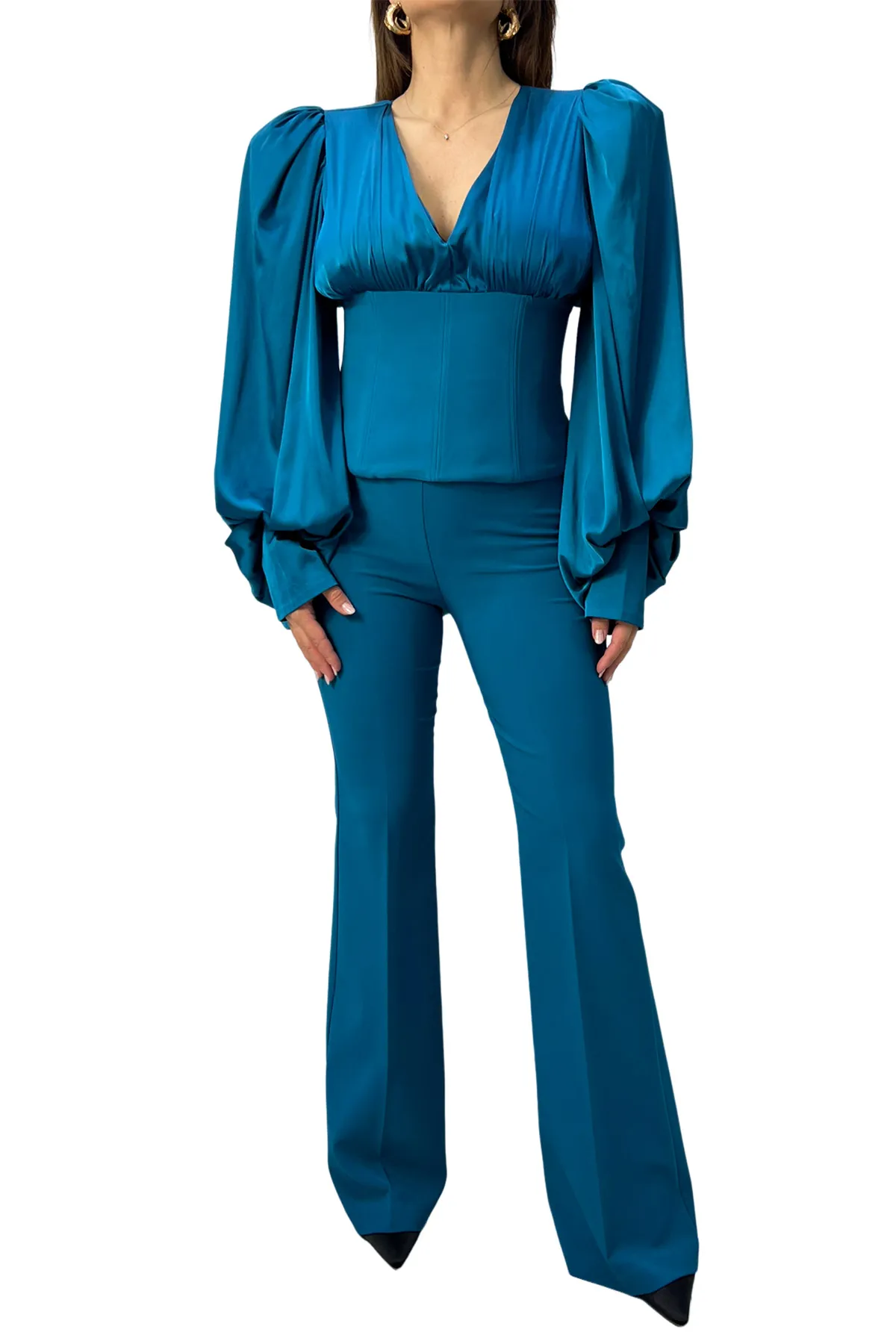 Blusa donna bustino con manica palloncino in satin scollo a V bustino stecca zip retro