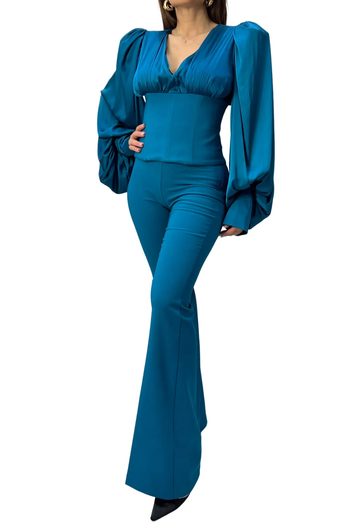 Blusa donna bustino con manica palloncino in satin scollo a V bustino stecca zip retro