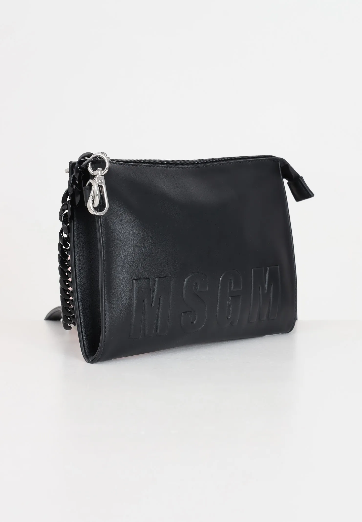 Borsa da donna nera a tracolla con lettering logo in rilievo