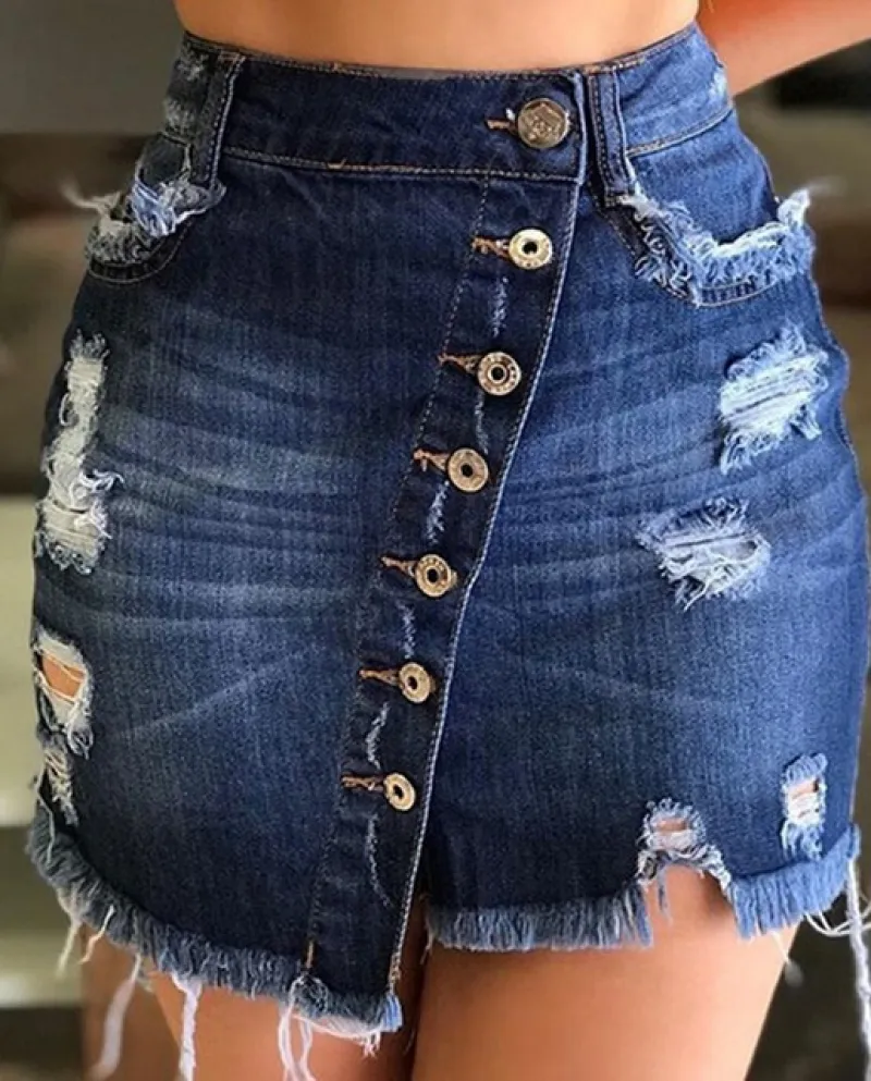 Bottone Denim Gonne 2022 Nuovo Pacchetto Hip Hole Denim Gonna Mano Sfilacciata Summer Beach Resort Wear Gonna Stile Classico Fem