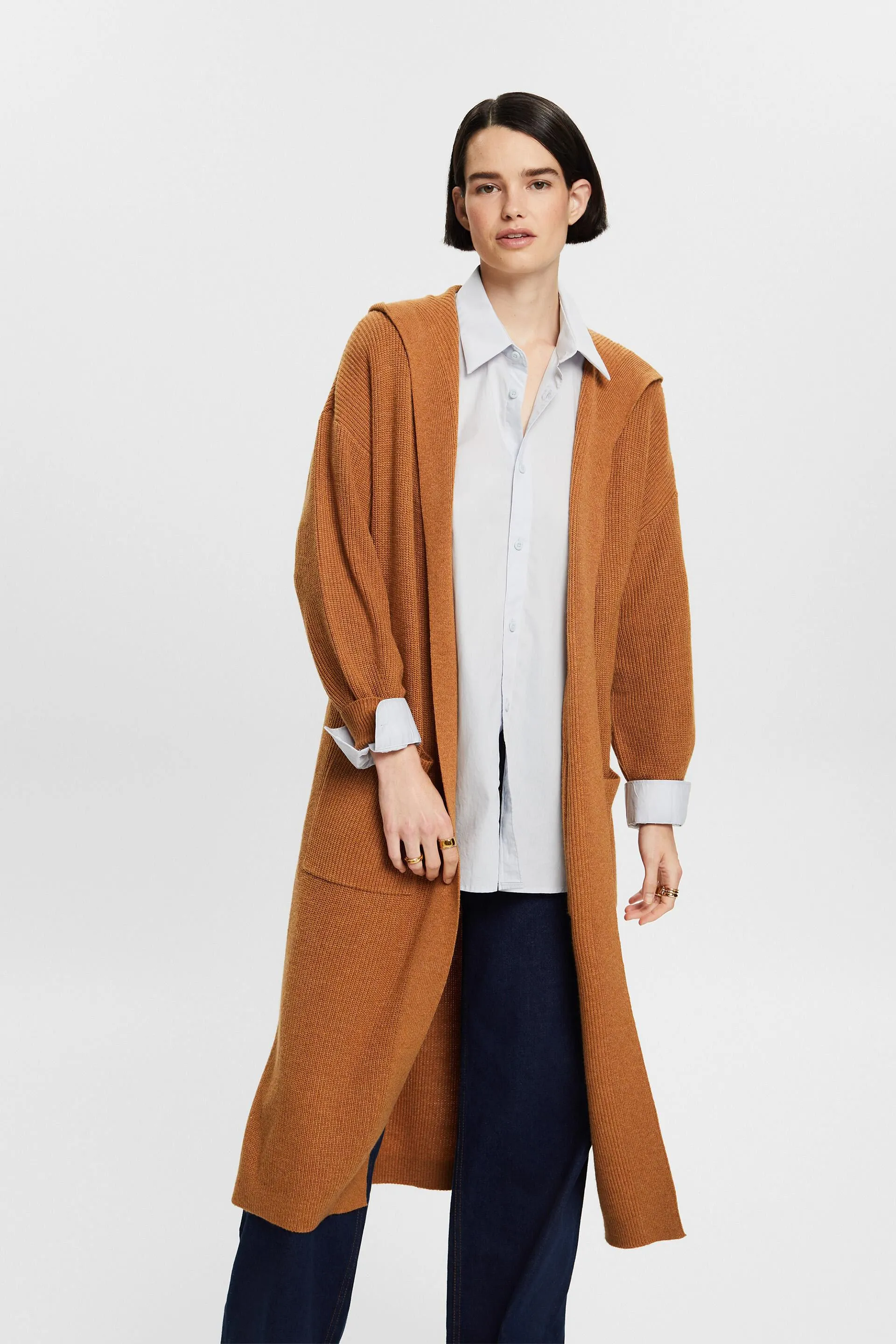Cardigan lungo e aperto con cappuccio