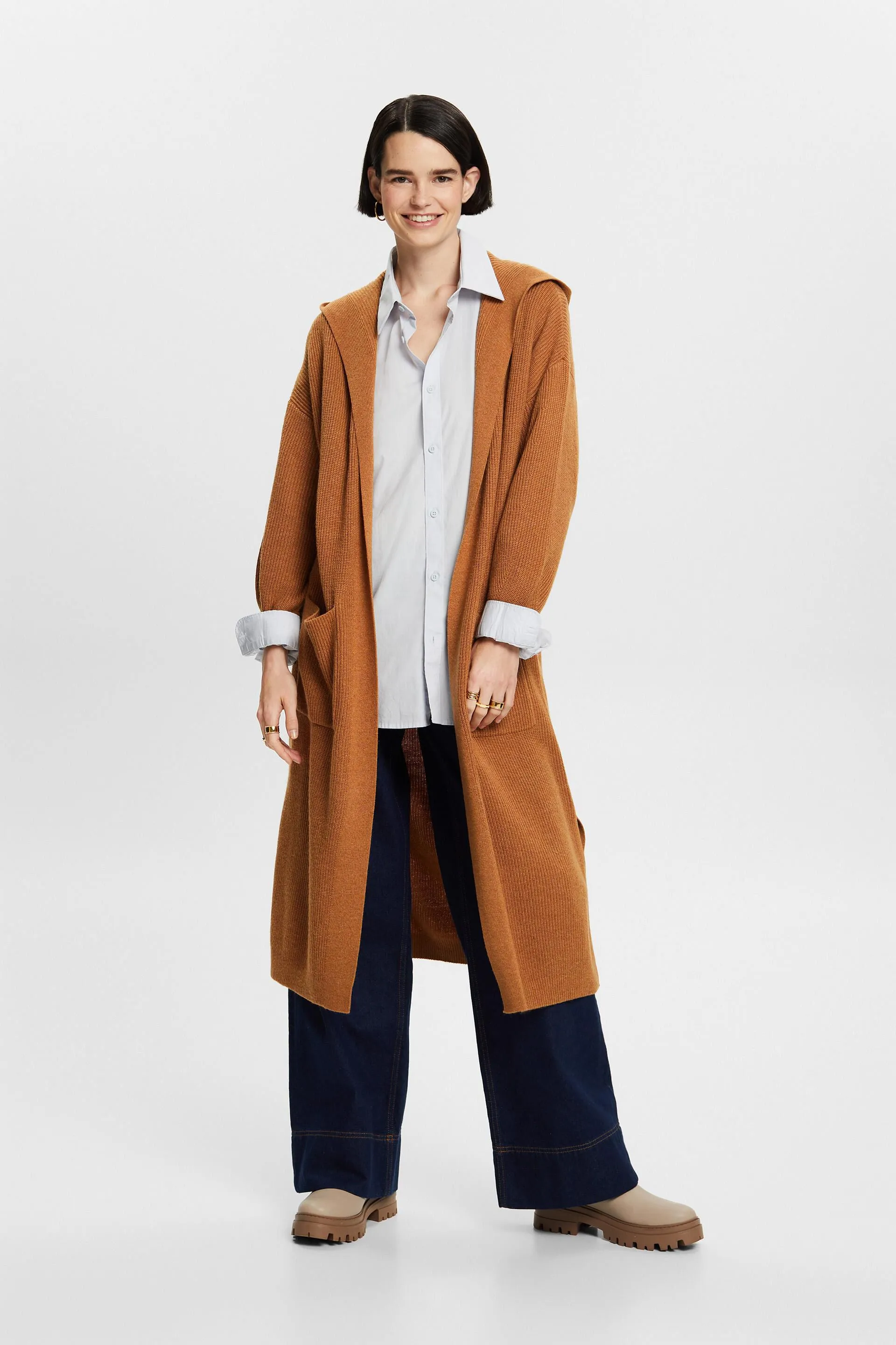 Cardigan lungo e aperto con cappuccio
