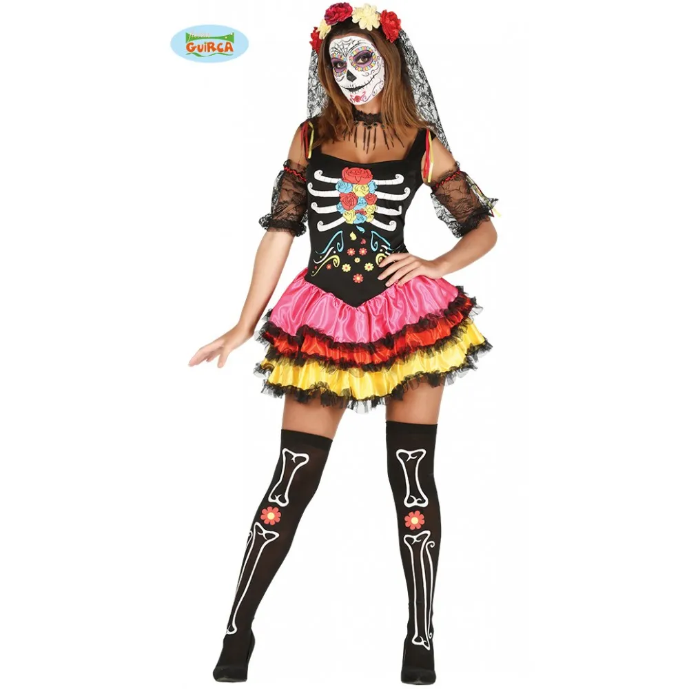 Costume Gonna Scheletro Messicano Ossa Teschio Donna Colorato Tutina Adulto Halloween