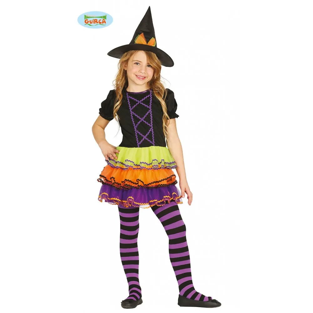 Costume Strega Vestito Halloween Streghetta Bambina 7/9 Anni Carnevale Colorato