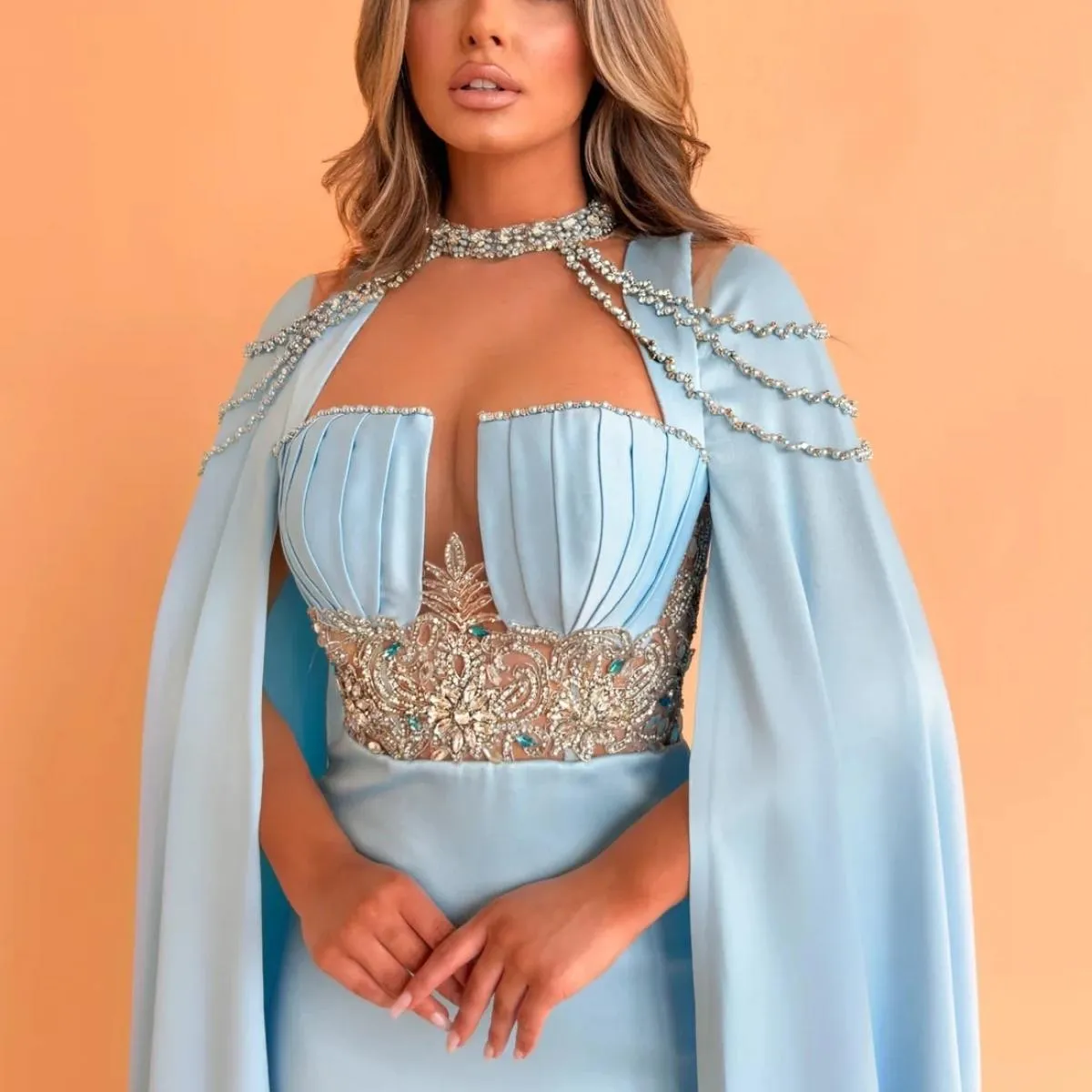 Eleganti abiti da ballo arabi blu baby con scialli in rilievo sirena Dubai abito da festa formale 2024 abiti da sera abiti