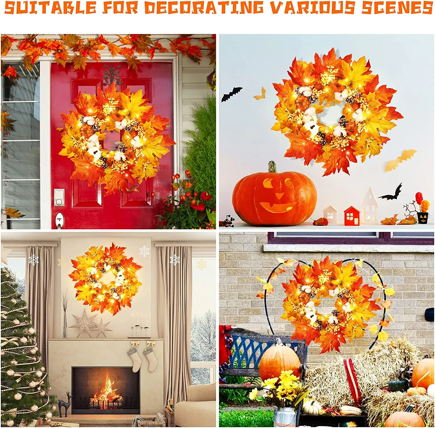 Ghirlanda Autunnale Decorazioni Porta d'Ingresso, Artificiali Ghirlande Halloween Decor con Bacche Zucche, Artificiale Ghirlanda