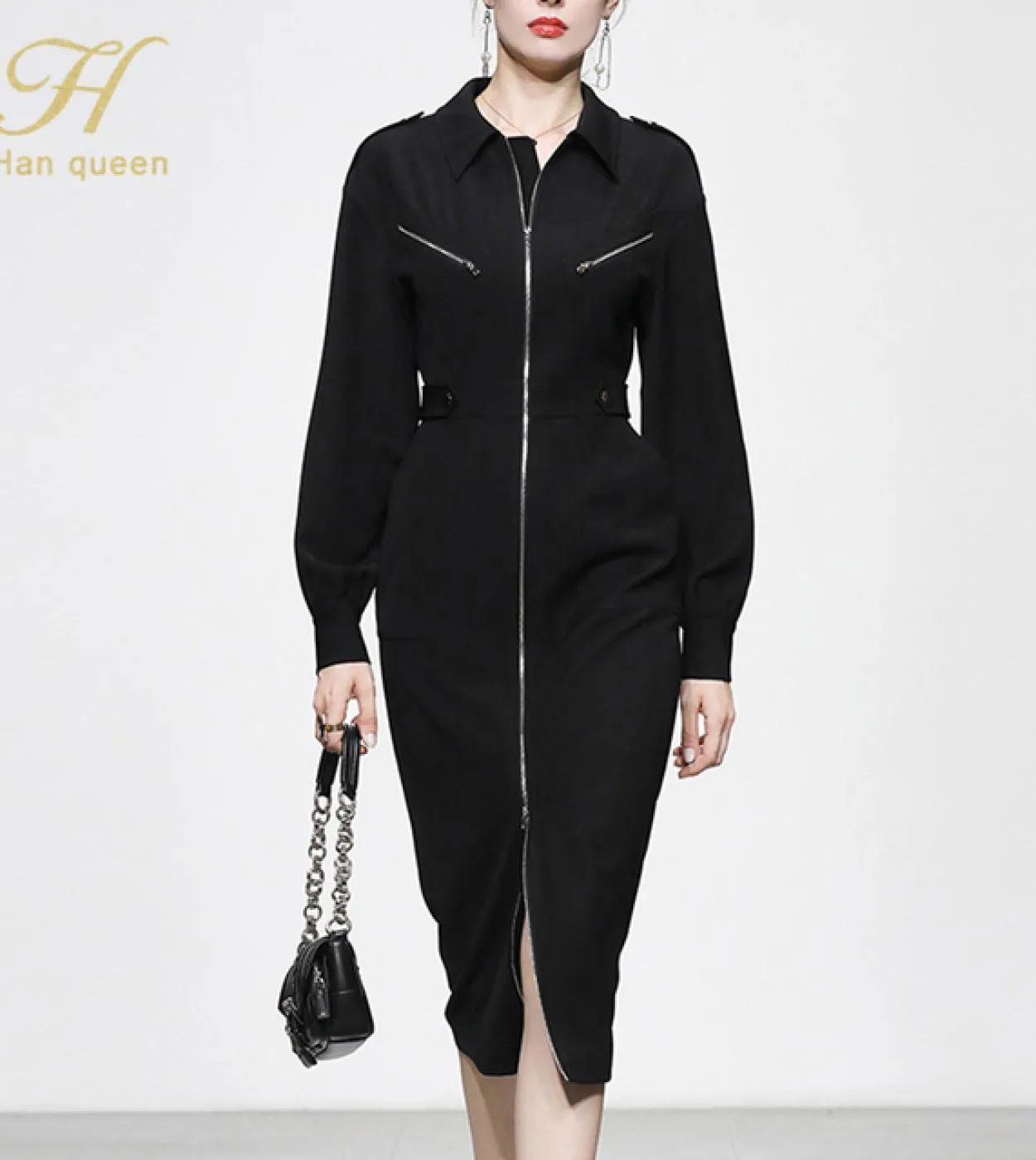 H Han Queen Autunno Inverno Vintage Vestidos Simple Chic Fashion Zipper Work Wear Dress Donna Guaina Matita Ufficio Casual