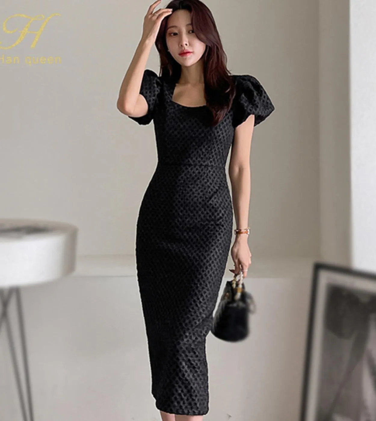 H Han Queen Estate 2022 Womens Matita Tubino Donna Midcalf Blackwhite Bodycon Chic Office Lady Evening Party Dre