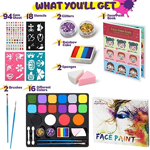 Jojoin Colori Trucco Viso Bambini, 16 Colori Body Painting Tavolozza con 4 Grandi Colori di Base, Split Cake Face Paint, 94 Gemm