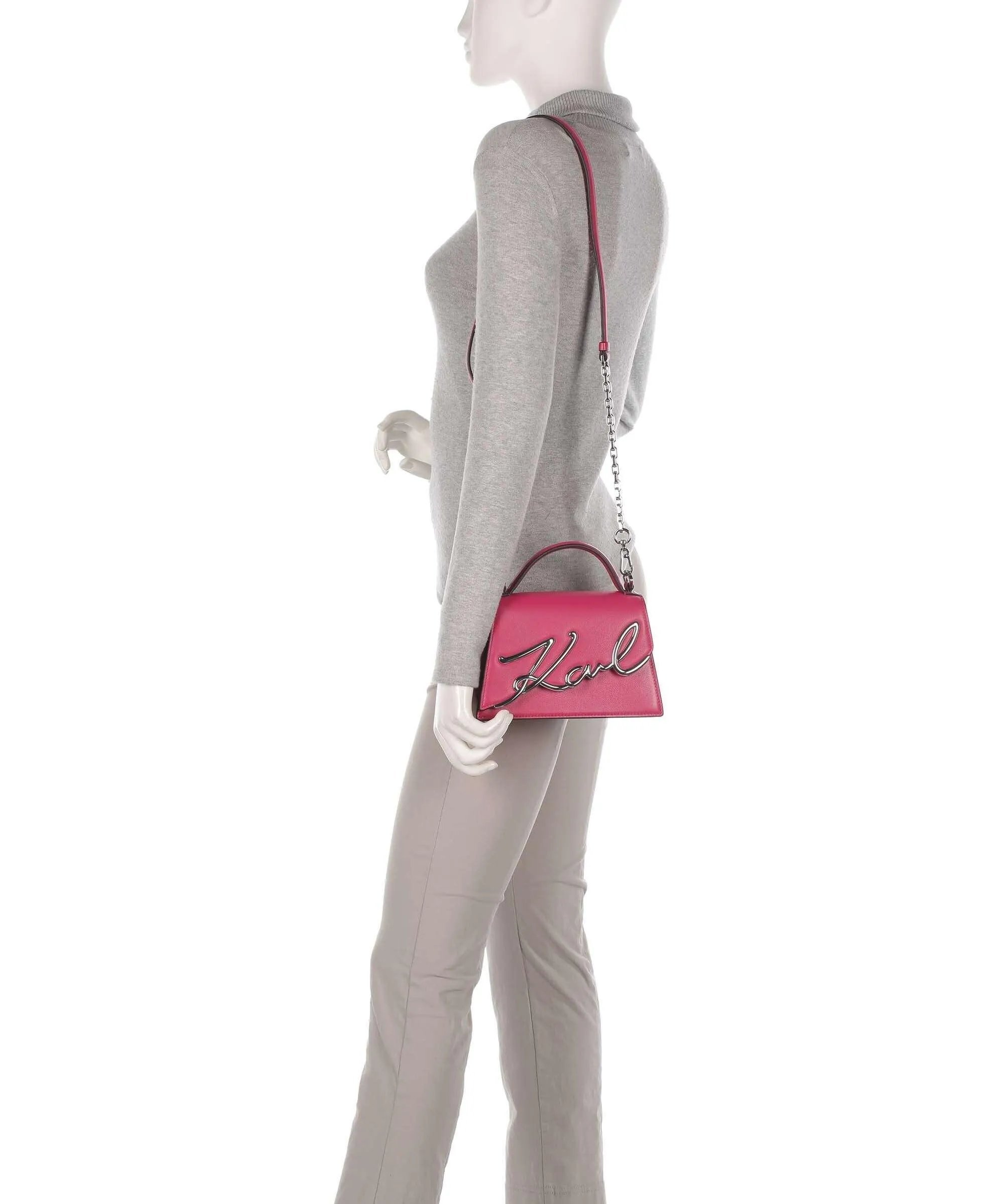  Karl Lagerfeld K/Signature Small Borsa a mano pelle di vacchetta finemente grana fucsia  