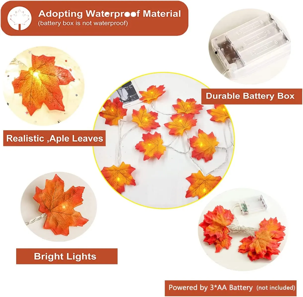 Luci della stringa di foglia d'acero, 6M 40 LED Luci a ghirlanda di foglie d'autunno per il Ringraziamento, Halloween, Decorazio
