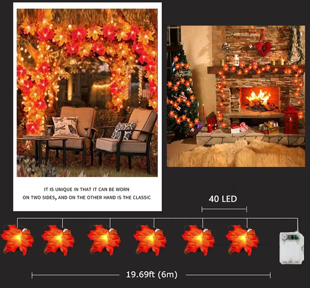 Luci della stringa di foglia d'acero, 6M 40 LED Luci a ghirlanda di foglie d'autunno per il Ringraziamento, Halloween, Decorazio
