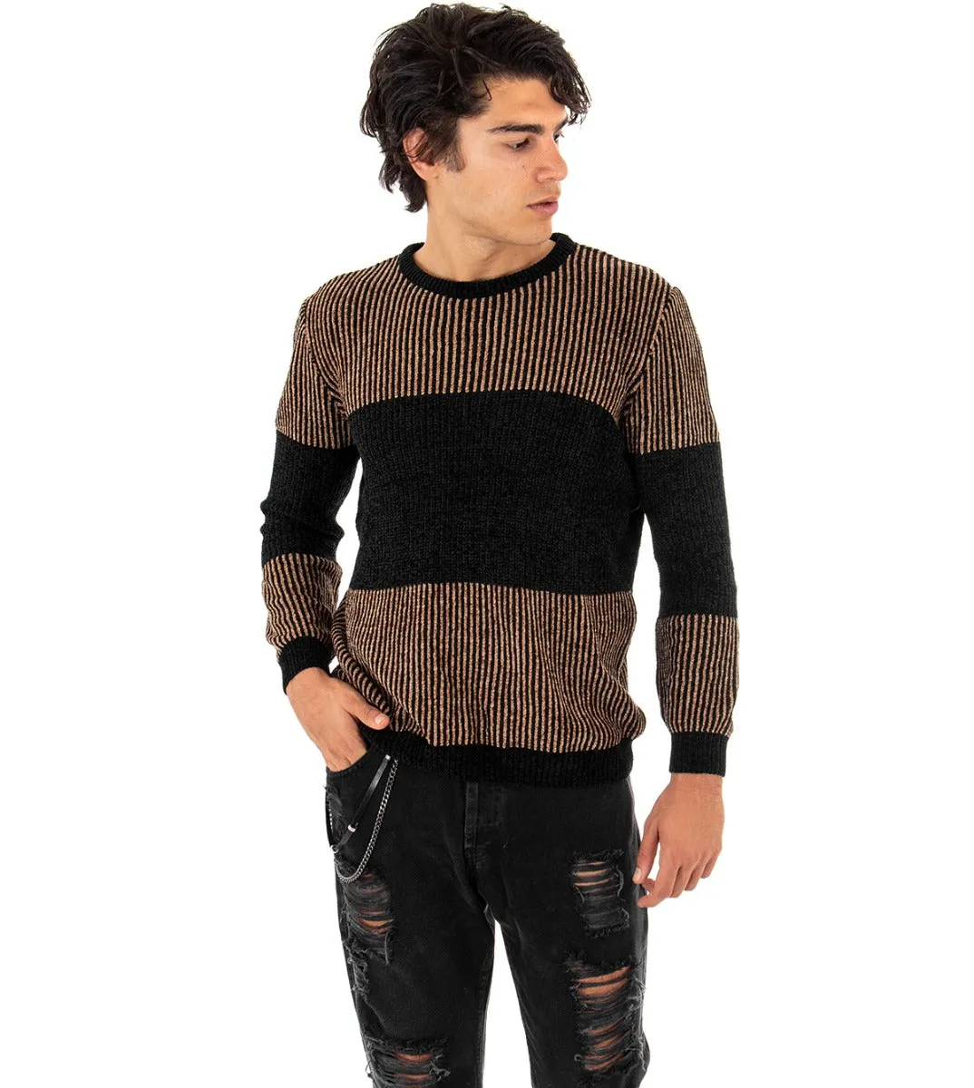 Maglioncino Uomo Maglia Girocollo Bicolore Nero Camel Rigato Ciniglia GIOSAL-M2150A