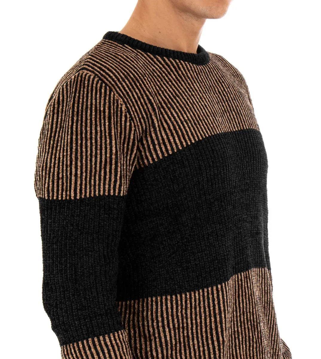 Maglioncino Uomo Maglia Girocollo Bicolore Nero Camel Rigato Ciniglia GIOSAL-M2150A
