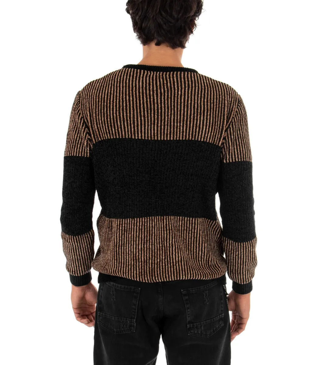 Maglioncino Uomo Maglia Girocollo Bicolore Nero Camel Rigato Ciniglia GIOSAL-M2150A