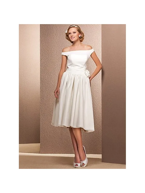MAXINE - Abito da Sposa con scollo a barca e lunghezza al ginocchio in georgette