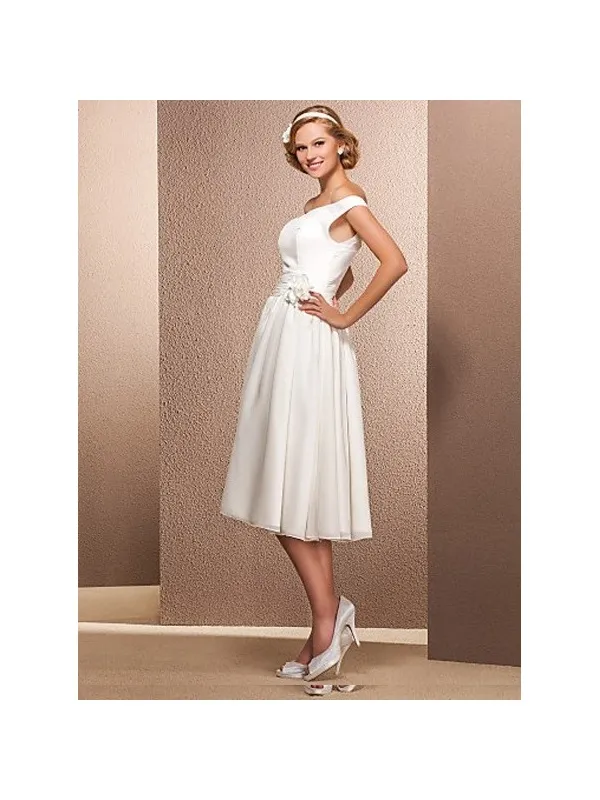 MAXINE - Abito da Sposa con scollo a barca e lunghezza al ginocchio in georgette