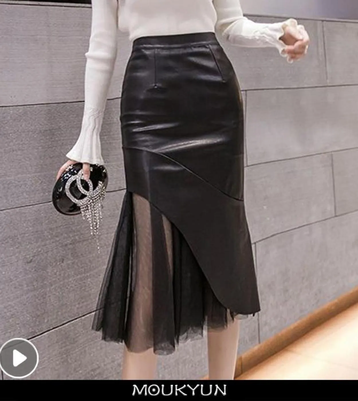 Moukyun Autunno Donna Midi Mesh Splicing Gonne in pelle Moda Ladoes Gonna a matita da ufficio nera a vita alta Faldas