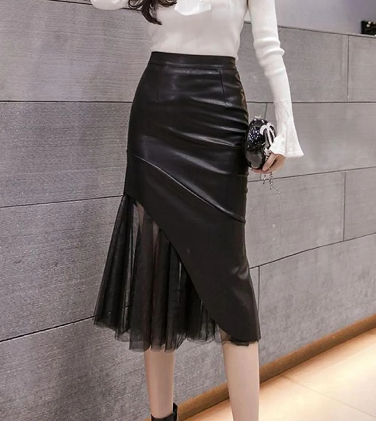 Moukyun Autunno Donna Midi Mesh Splicing Gonne in pelle Moda Ladoes Gonna a matita da ufficio nera a vita alta Faldas