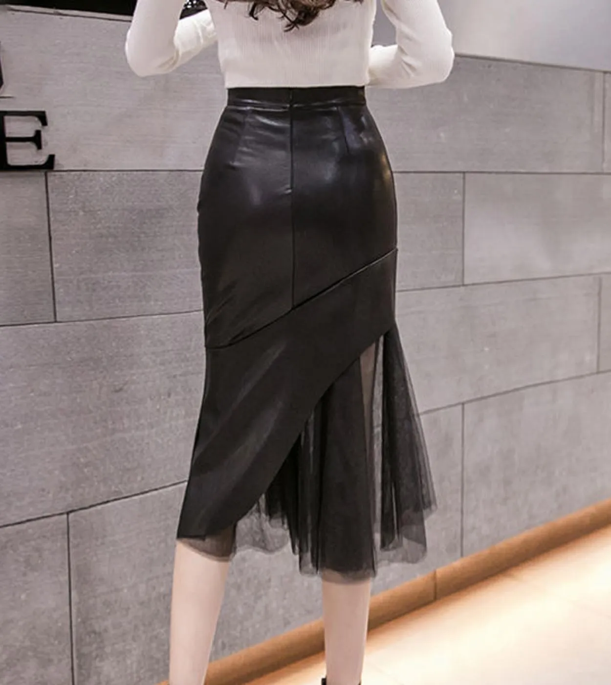 Moukyun Autunno Donna Midi Mesh Splicing Gonne in pelle Moda Ladoes Gonna a matita da ufficio nera a vita alta Faldas