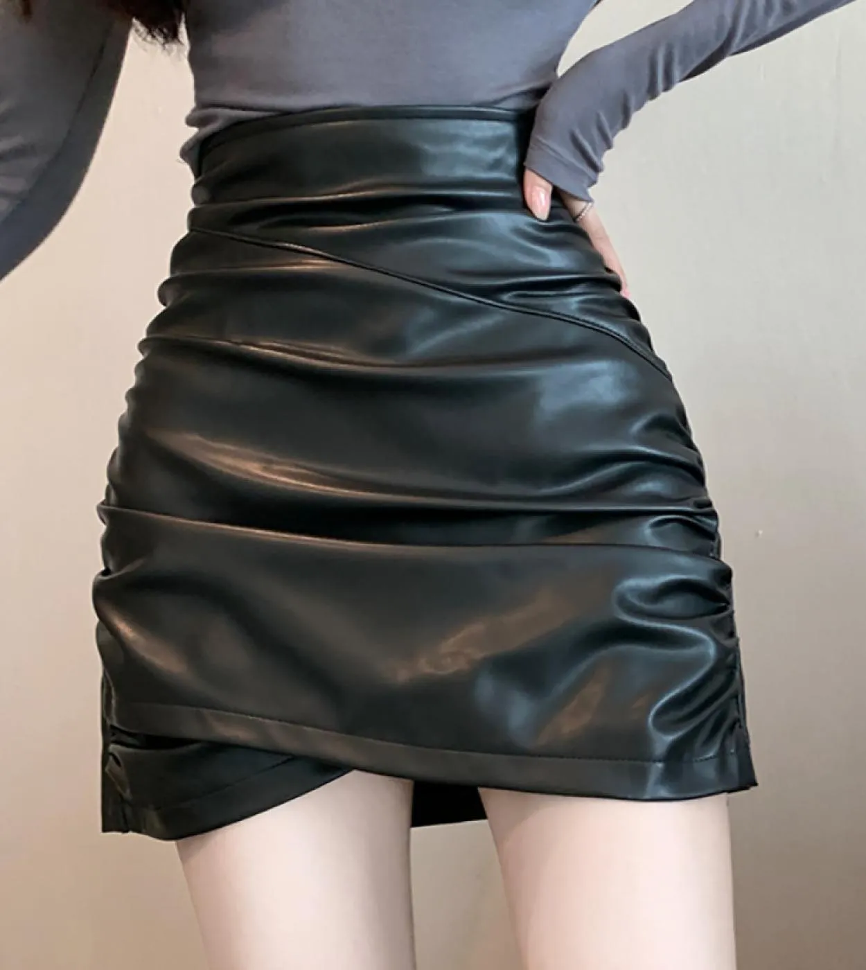 Pu Black Folds Matita Donna Gonna Gothic Solid 2023 New Streetwear Minigonne in pelle marrone a vita alta Fashion