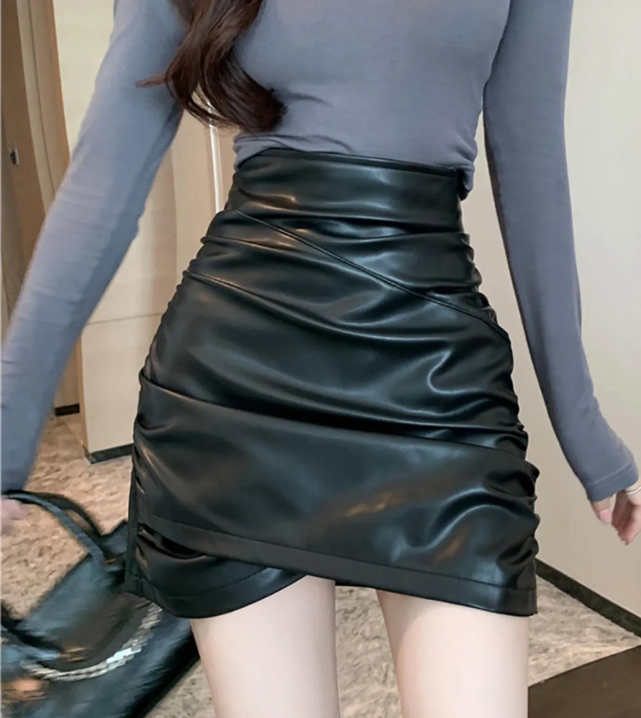 Pu Black Folds Matita Donna Gonna Gothic Solid 2023 New Streetwear Minigonne in pelle marrone a vita alta Fashion