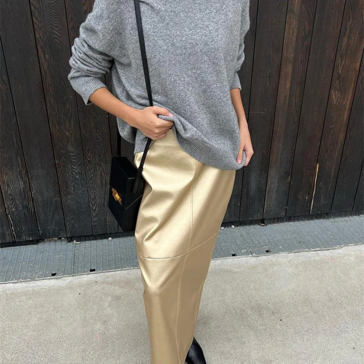 Pu Gonna lunga metallizzata lucida Donna Vita alta Patchwork Split Streetwear Solid Gonna lunga estiva da donna Vintage C