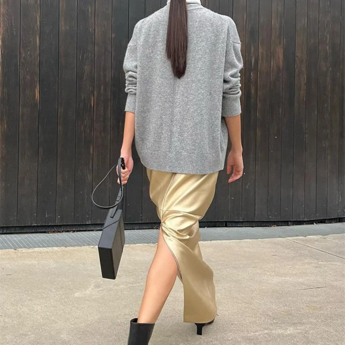 Pu Gonna lunga metallizzata lucida Donna Vita alta Patchwork Split Streetwear Solid Gonna lunga estiva da donna Vintage C