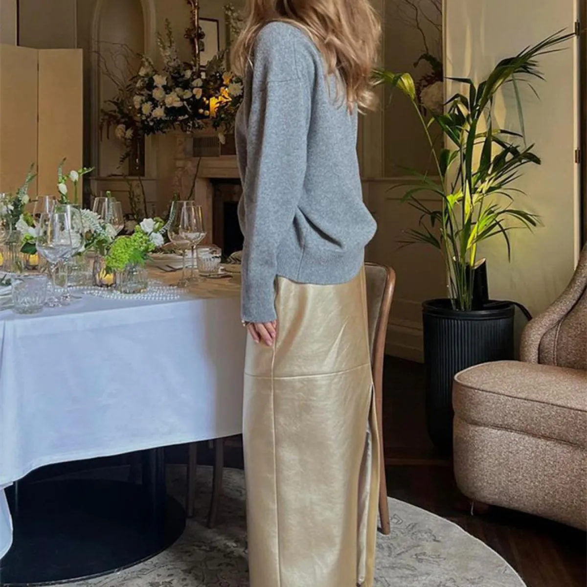 Pu Gonna lunga metallizzata lucida Donna Vita alta Patchwork Split Streetwear Solid Gonna lunga estiva da donna Vintage C