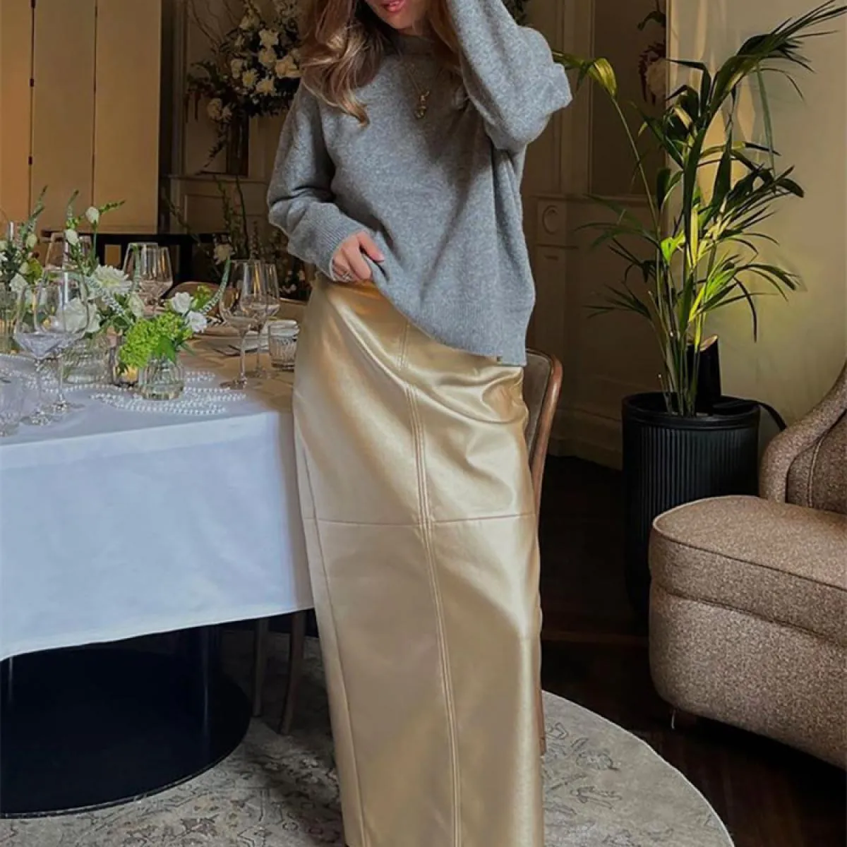 Pu Gonna lunga metallizzata lucida Donna Vita alta Patchwork Split Streetwear Solid Gonna lunga estiva da donna Vintage C