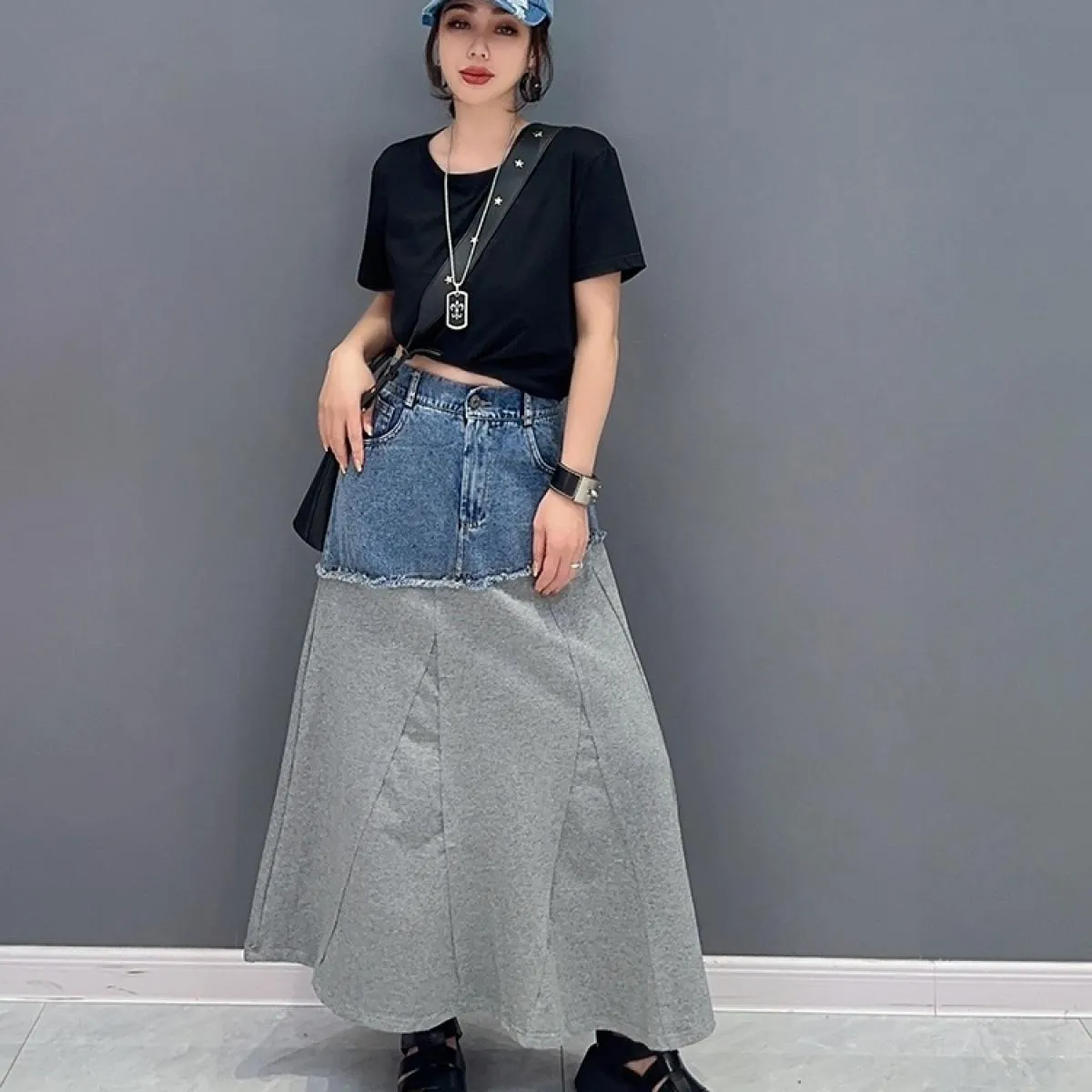Qing Mo 2023 Primavera Autunno Nuovo stile Denim Color Block Show Gonna sottile monopezzo Gonna femminile moda Zxf3280