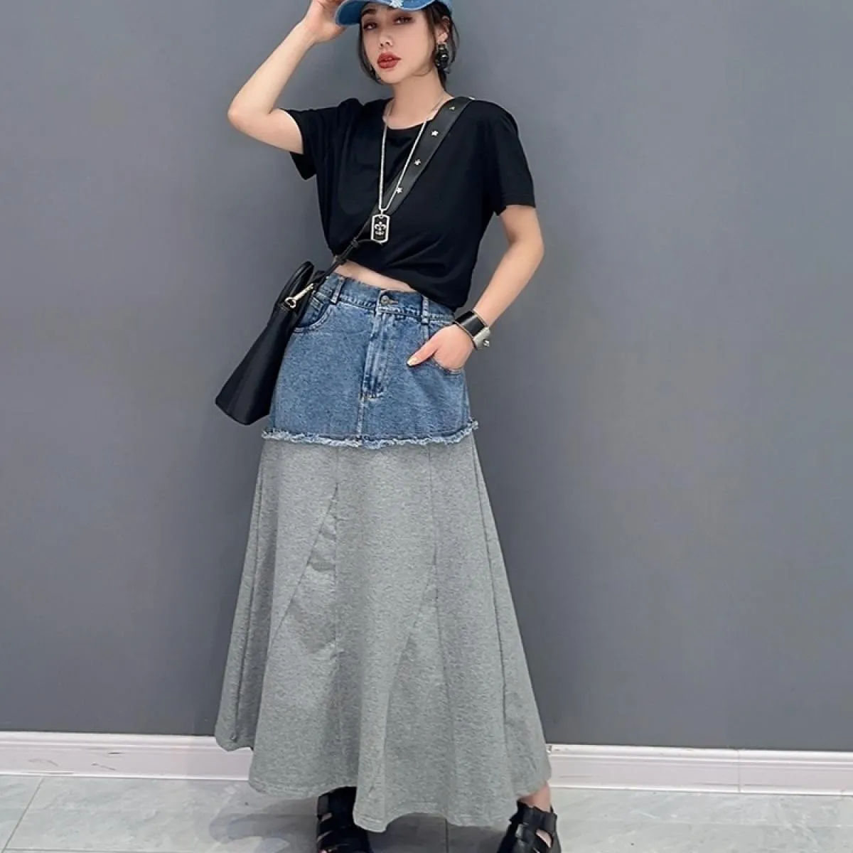Qing Mo 2023 Primavera Autunno Nuovo stile Denim Color Block Show Gonna sottile monopezzo Gonna femminile moda Zxf3280