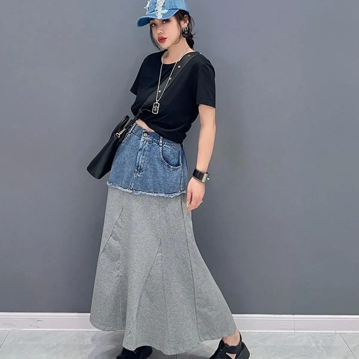 Qing Mo 2023 Primavera Autunno Nuovo stile Denim Color Block Show Gonna sottile monopezzo Gonna femminile moda Zxf3280