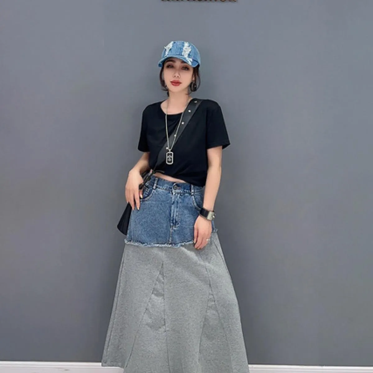 Qing Mo 2023 Primavera Autunno Nuovo stile Denim Color Block Show Gonna sottile monopezzo Gonna femminile moda Zxf3280