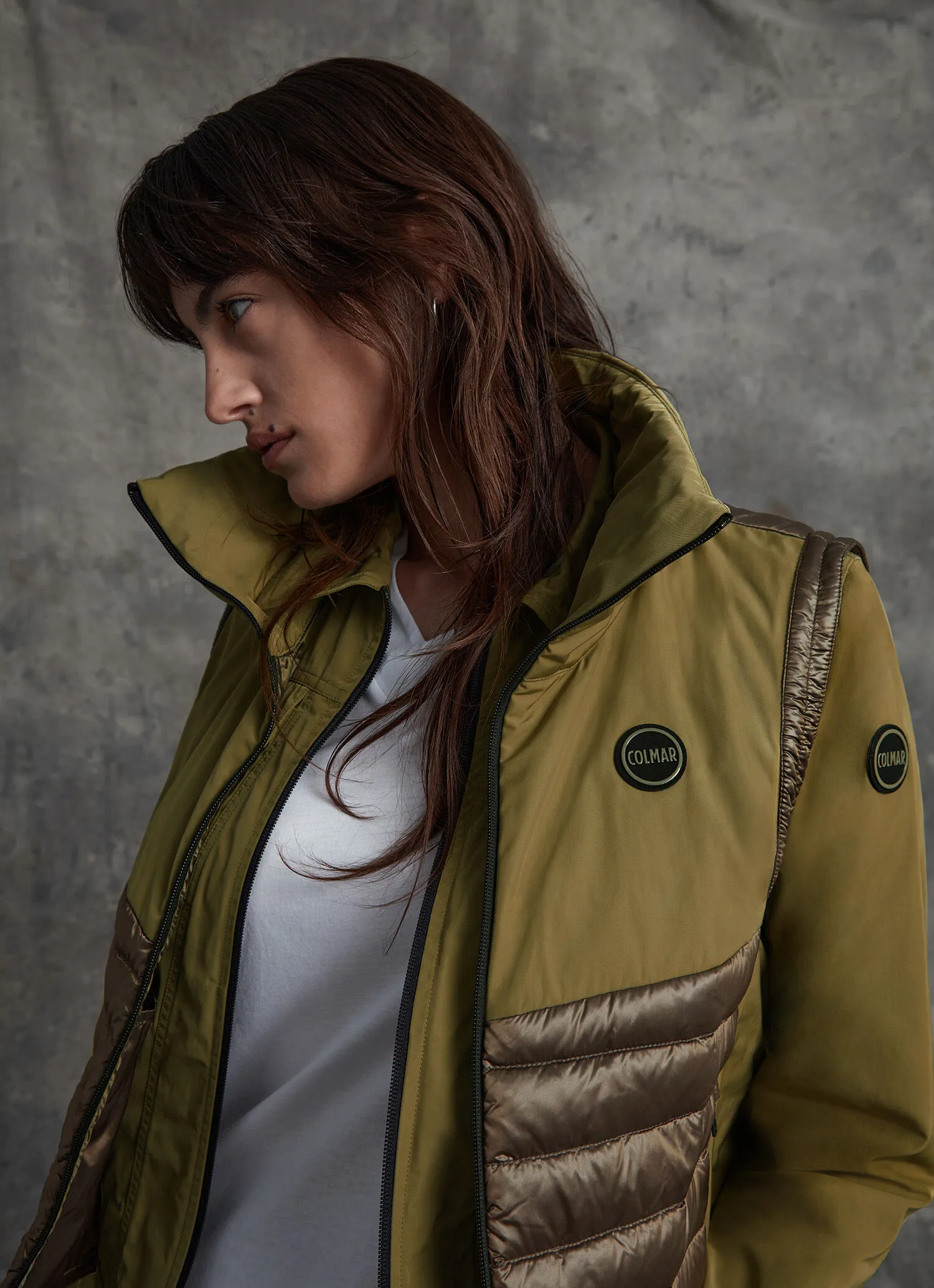 Recycled fabric gilet in a colour-block design