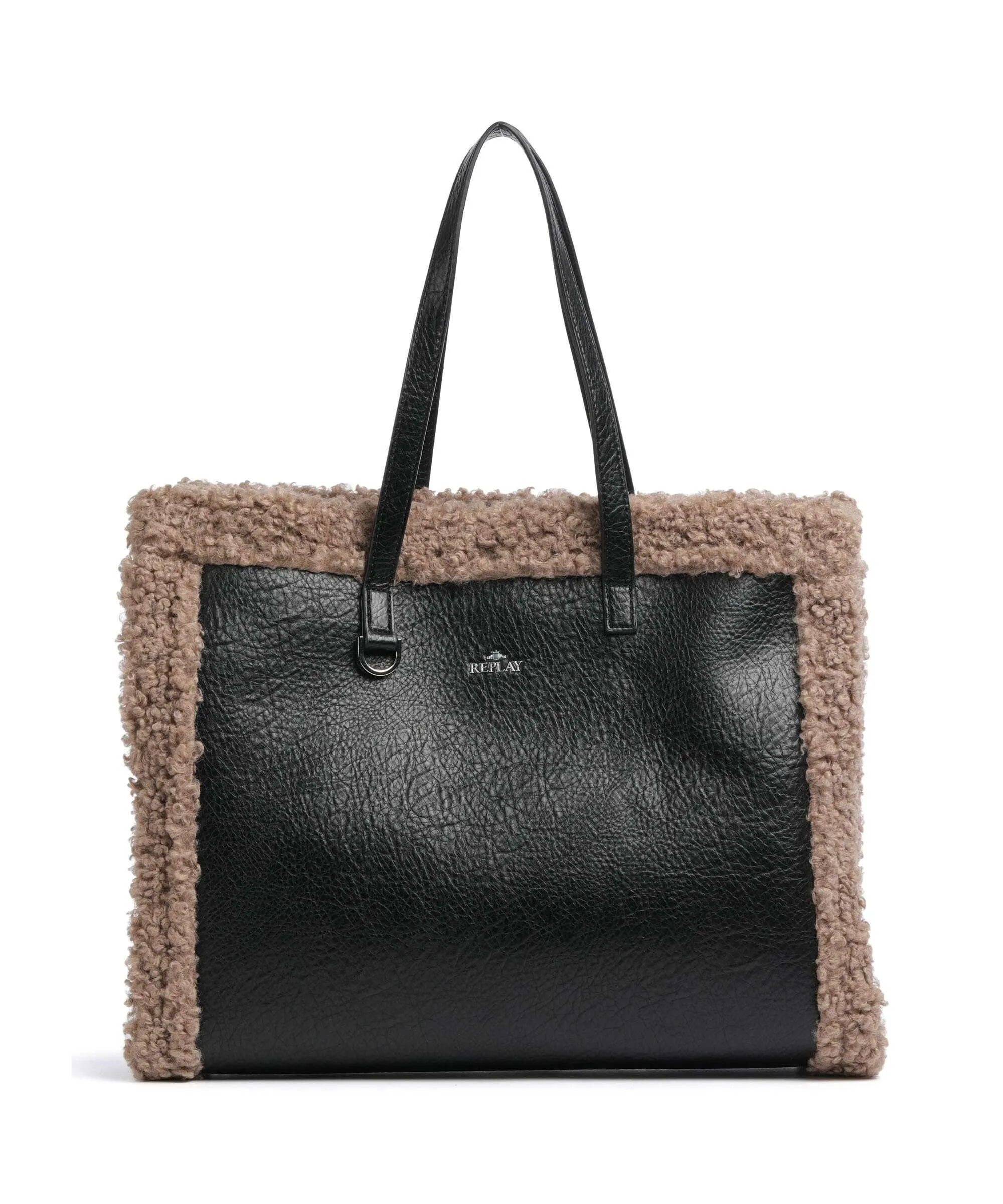  Replay Borsa shopper poliestere, pelle sintetica nero/marrone  