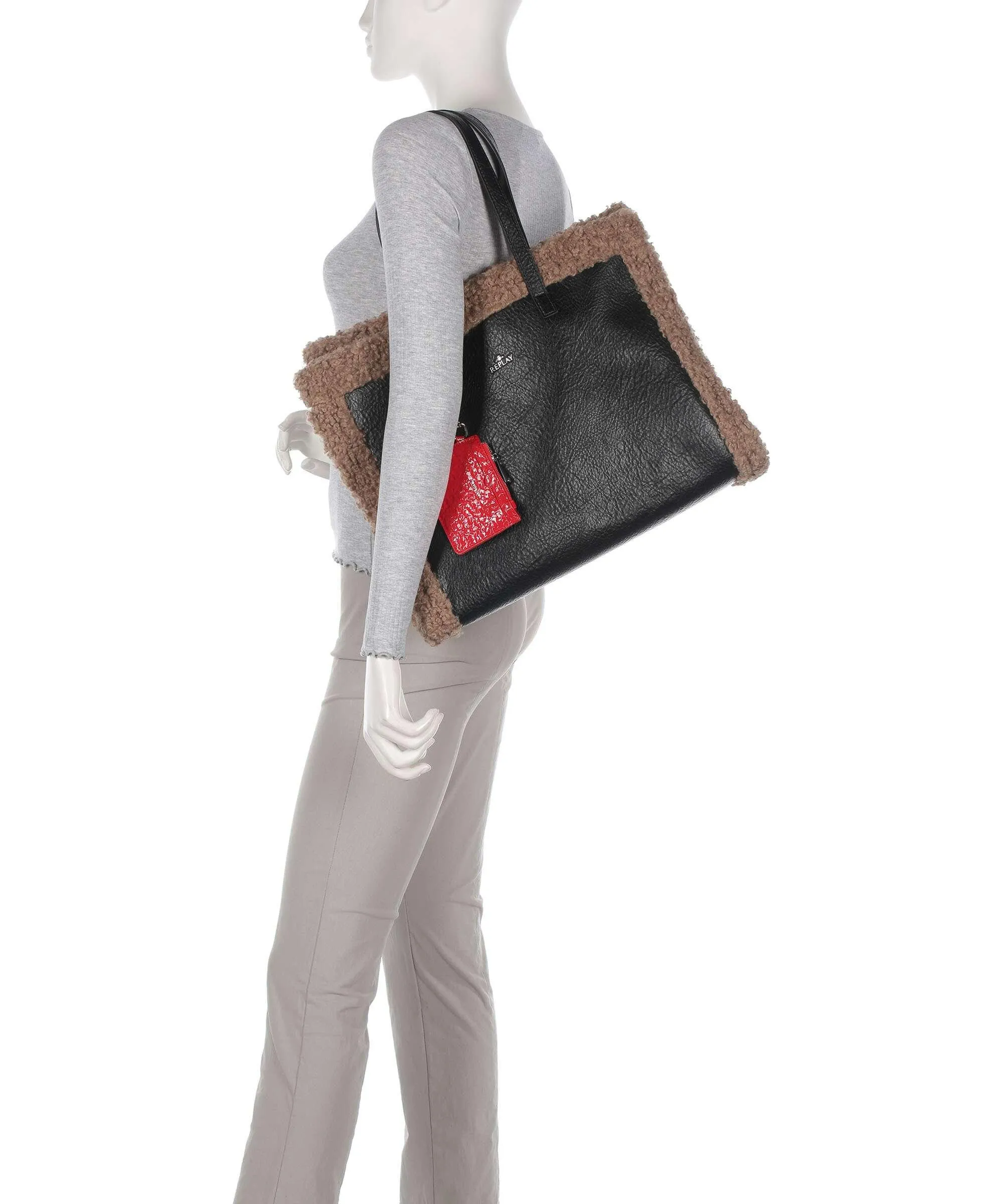  Replay Borsa shopper poliestere, pelle sintetica nero/marrone  
