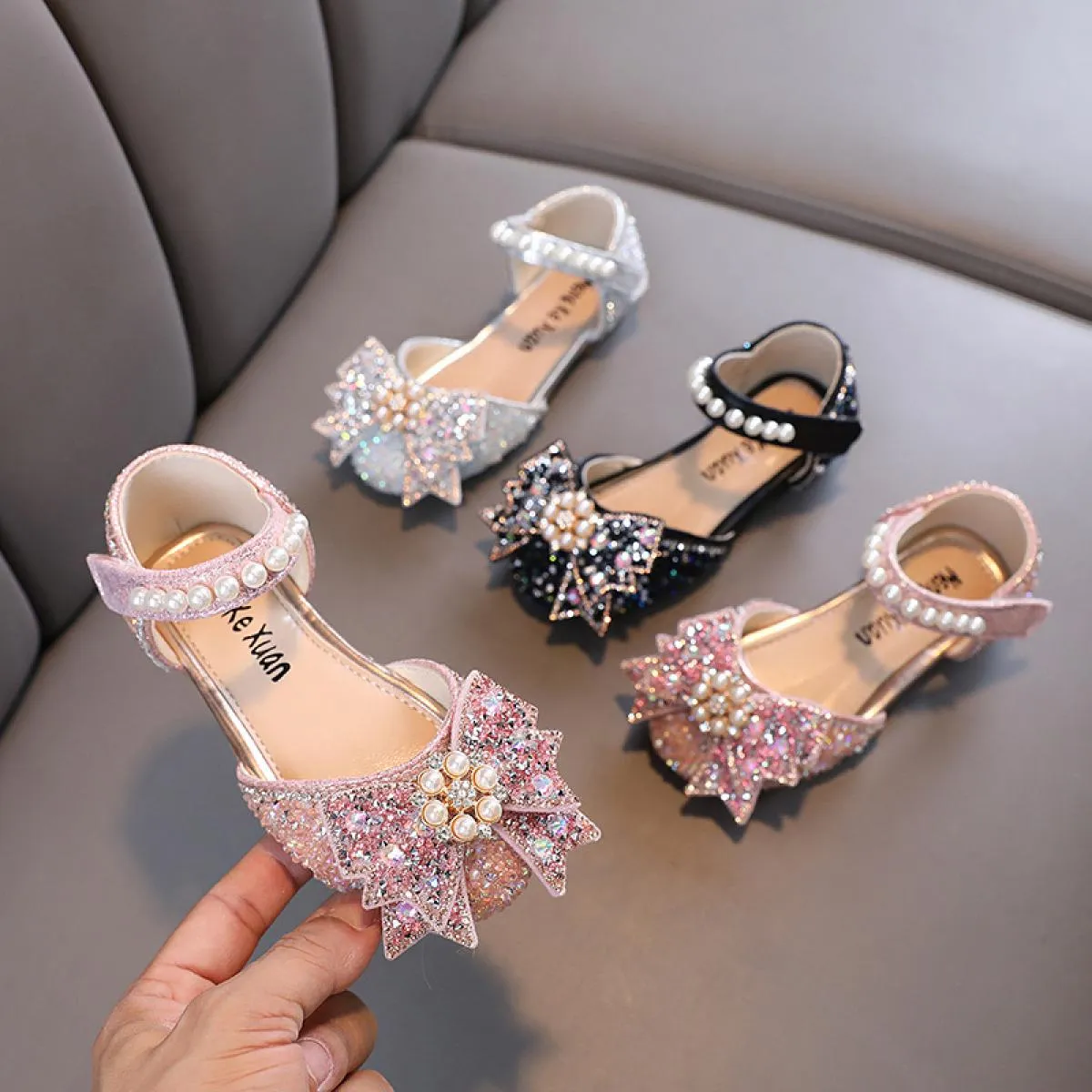 Sandali da festa per principessa con strass argento per bambina, per bambini, con fiocco di perle, ballerine per bambini, scarpe