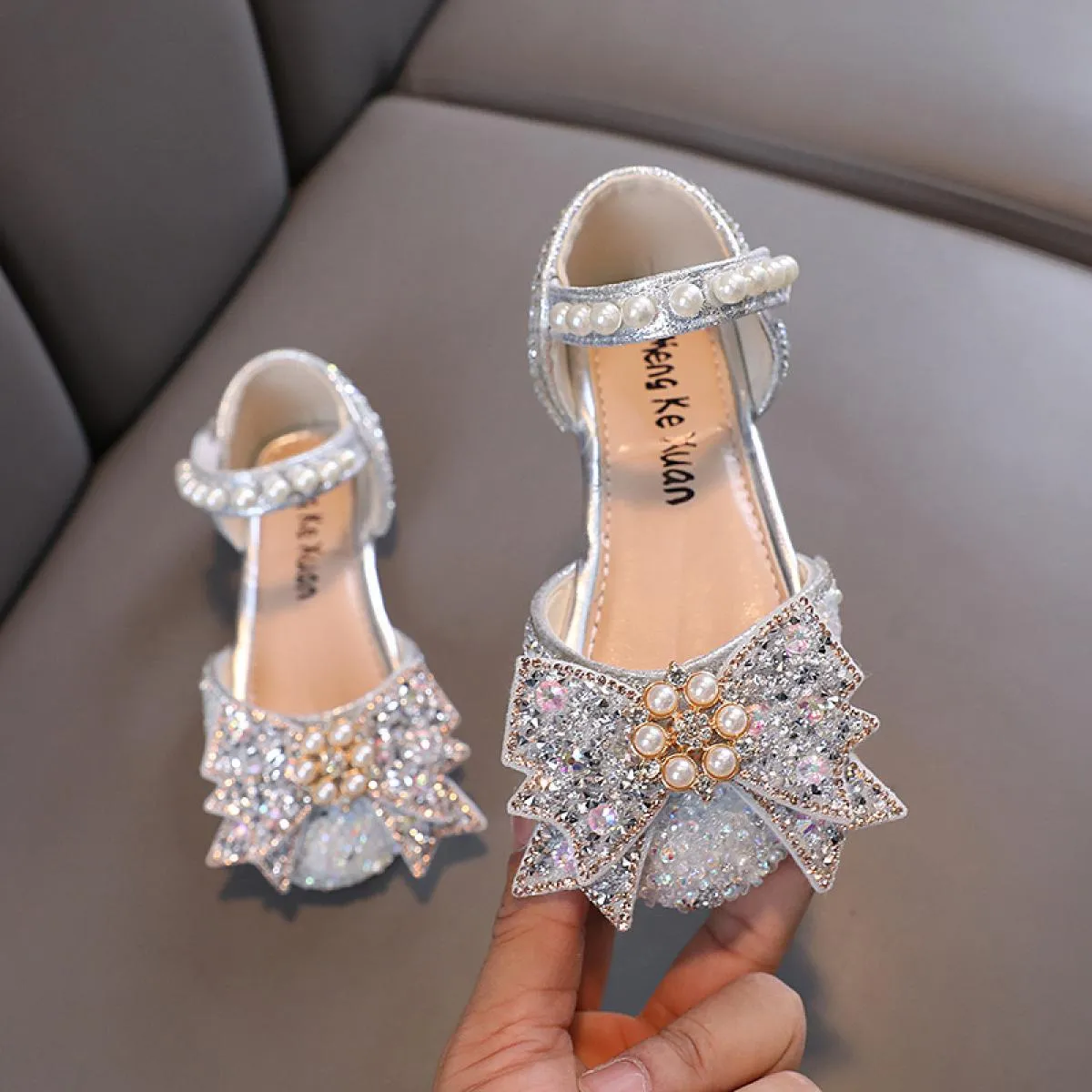 Sandali da festa per principessa con strass argento per bambina, per bambini, con fiocco di perle, ballerine per bambini, scarpe