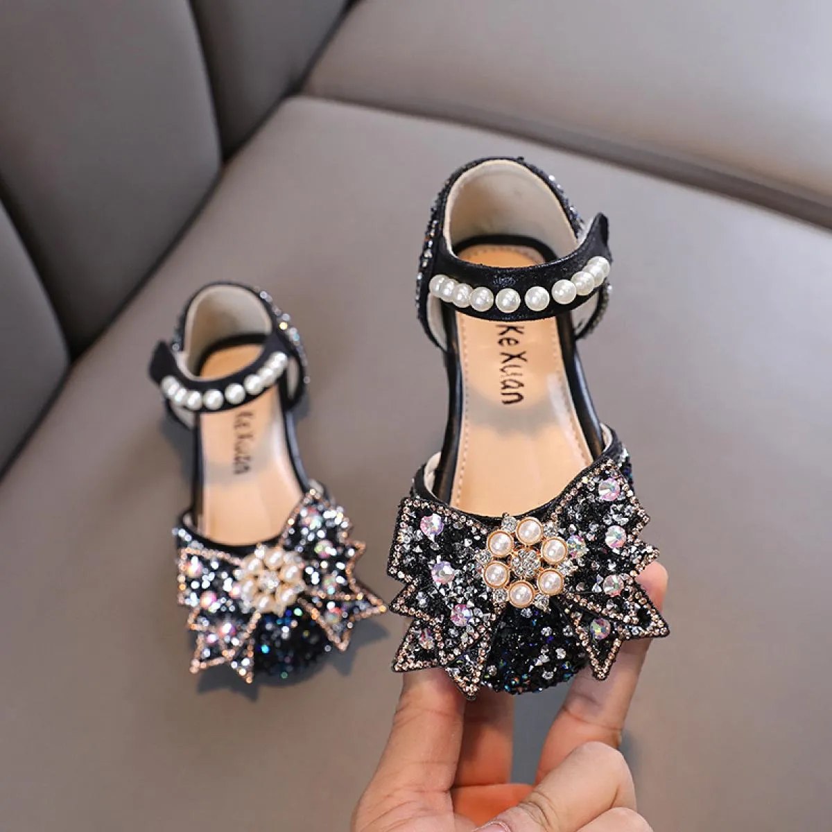 Sandali da festa per principessa con strass argento per bambina, per bambini, con fiocco di perle, ballerine per bambini, scarpe