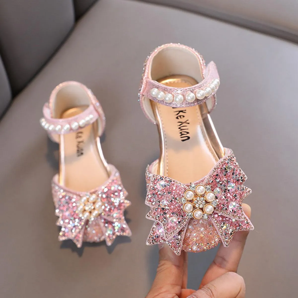 Sandali da festa per principessa con strass argento per bambina, per bambini, con fiocco di perle, ballerine per bambini, scarpe