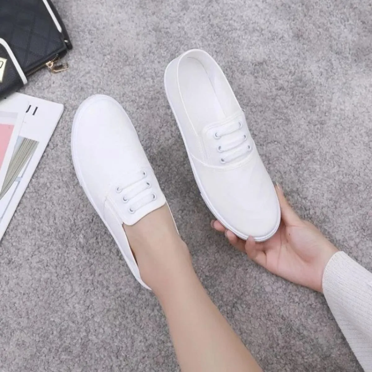 Scarpe basse slip on in tela da donna Mocassino nero da donna Sneakers da donna nere Scarpe casual Ballerine Tela antiscivolo On