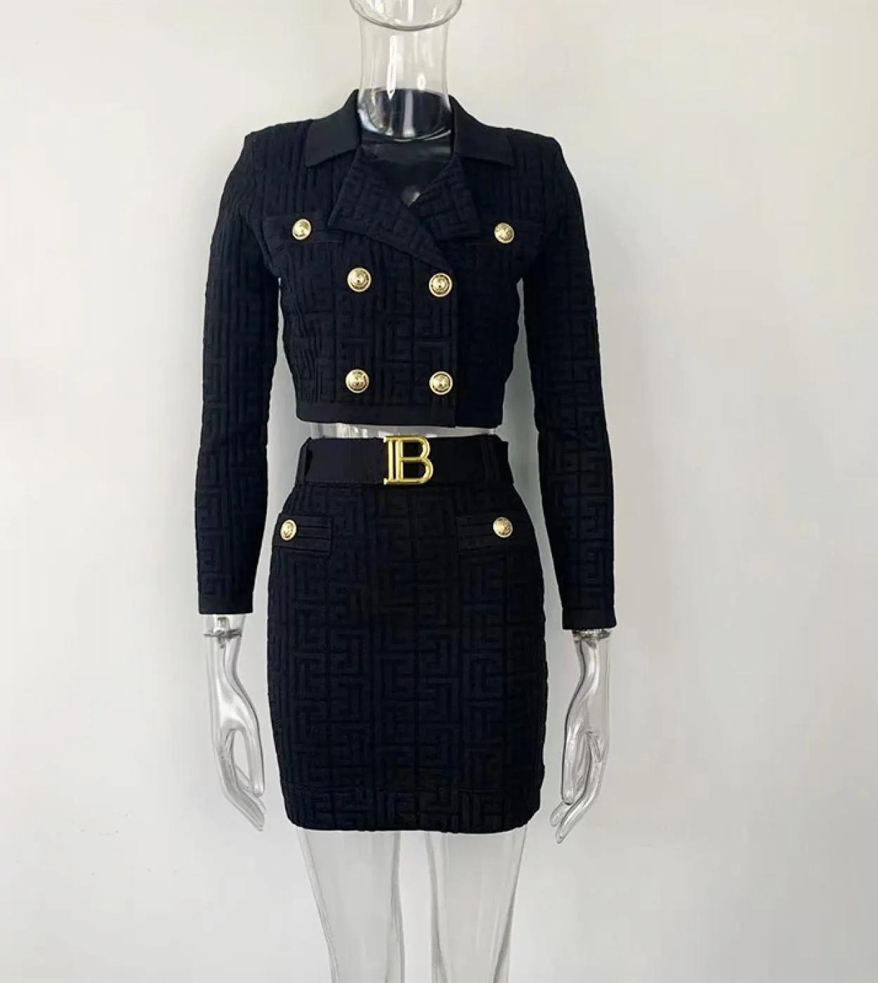 Set di gonne lavorate a maglia bianche e nere Autunno Inverno Nuovo completo di gonna Colletto superiore Cintura Matita Sottile
