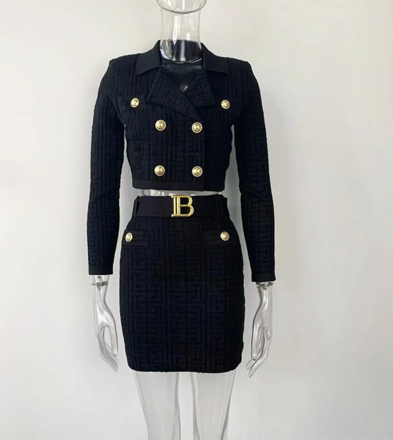 Set di gonne lavorate a maglia bianche e nere Autunno Inverno Nuovo completo di gonna Colletto superiore Cintura Matita Sottile