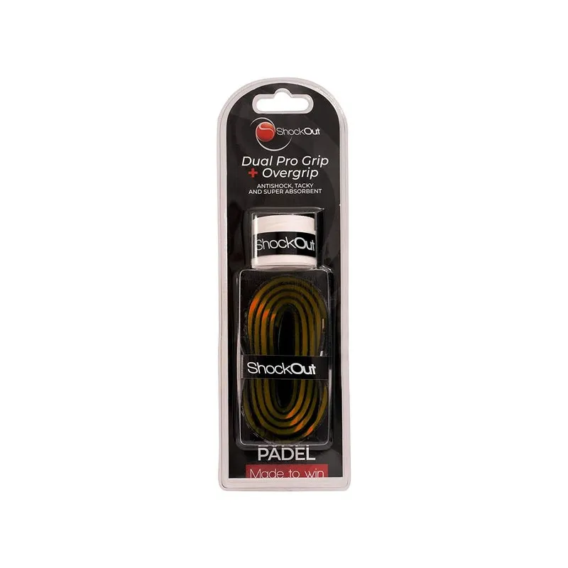 SHOCKOUT DUAL PRO GRIP + OVERGRIP ANTI VIBRAZIONE TRASPIRANTE PADEL PER PALA RACCHETTA PADDLE TENNIS - NERO/ARANCIONE